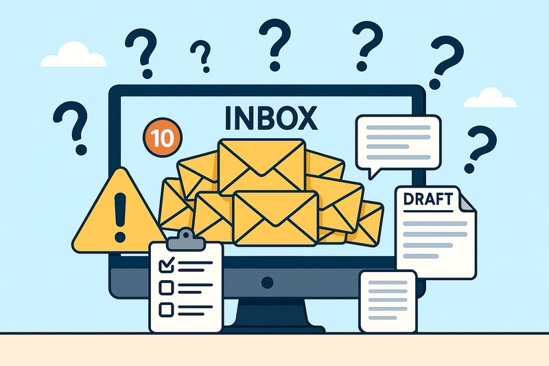 Ilustración de un monitor de ordenador que muestra una bandeja de entrada llena con sobres, notificaciones, una señal de advertencia, listas de comprobación, borradores, signos de interrogación e iconos que simbolizan la gestión del correo electrónico del buzón compartido.