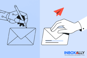 Illustration of a robot hand and a human hand each holding an envelope, with a paper airplane above and the InboxAlly logo in the corner, highlighting why AI-written content struggles to match genuine human connection.