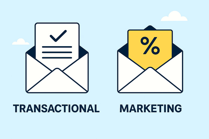 Two envelopes—one labeled "Transactional" with a document, and one labeled "Marketing" with a percentage sign—illustrate different email types and highlight the importance of Email Deliverability for both transactional and marketing messages.