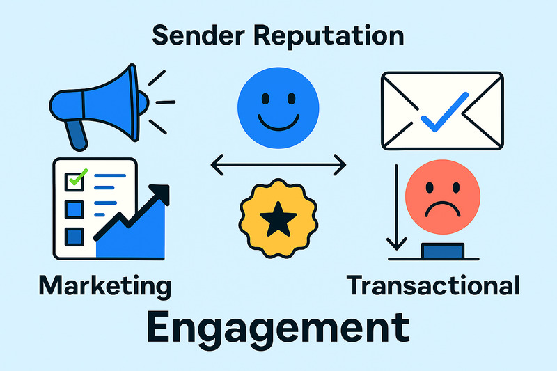 Diagrama que muestra la relación entre la reputación del remitente, el compromiso, la entregabilidad de marketing y la entregabilidad transaccional, con iconos para cada concepto y flechas que los conectan.