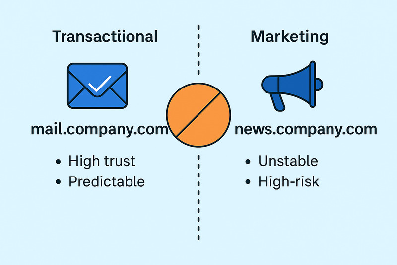 Gráfico que compara los correos electrónicos transaccionales (mail.empresa.com) como de alta confianza y predecibles, frente a los correos electrónicos de marketing (news.empresa.com) como inestables y de alto riesgo, destacando el impacto en la entregabilidad del correo electrónico con los iconos correspondientes.