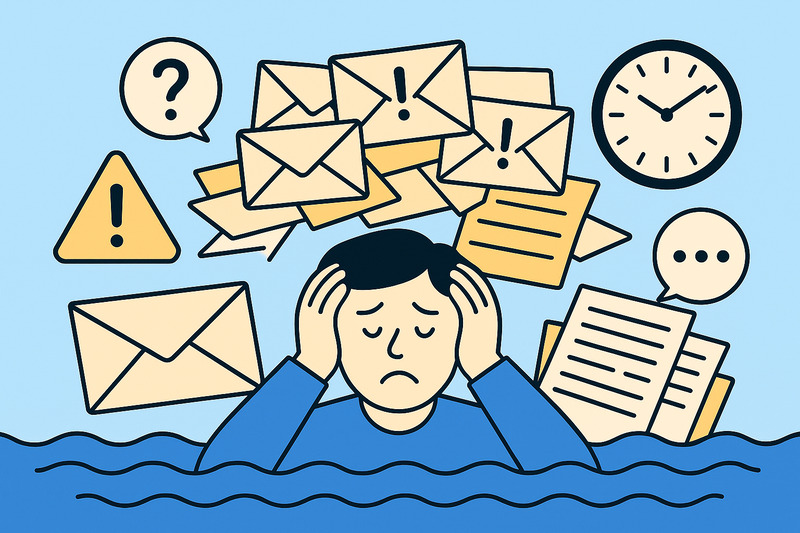 Ilustración de una persona sujetándose la cabeza, rodeada de correos electrónicos, documentos, señales de advertencia, un reloj y signos de interrogación, lo que sugiere estrés y agobio ante los retos de entregabilidad del correo electrónico.