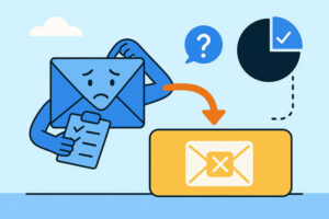 An illustrated envelope character holding a checklist looks confused near a blocked email symbol and a pie chart with a missing section, highlighting concerns about unsubscribe rate.