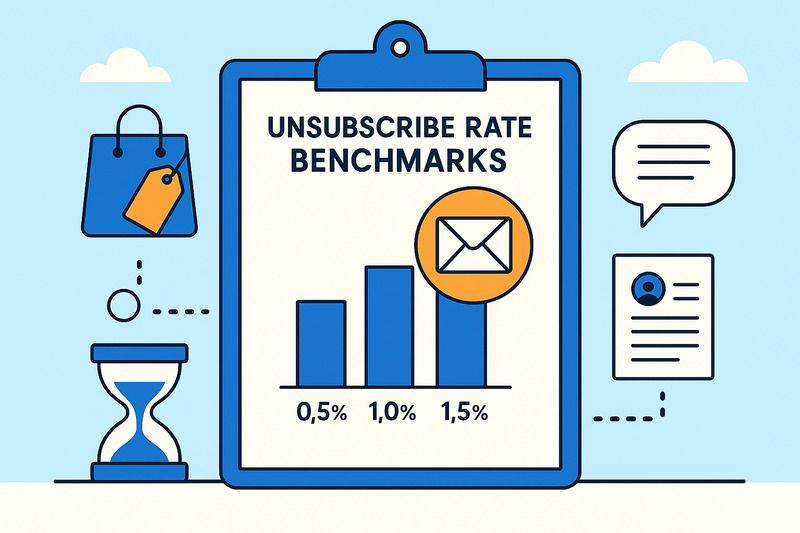 A clipboard with a bar graph titled "Unsubscribe Rate Benchmarks" displays email unsubscribe rates of 0.5%, 1.0%, and 1.5%, surrounded by icons for shopping, messages, and an hourglass.