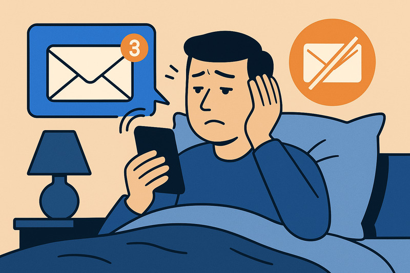 An illustration of a worried person in bed looking at a phone, with a notification showing three new messages and a no-message symbol in the background, reflecting concerns about a good unsubscribe rate.