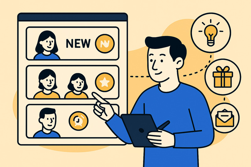 Illustration of a person using a tablet to interact with a screen displaying user profiles and icons for ideas, gifts, and messages—ideal for email marketing themes or visuals focused on achieving a good unsubscribe rate.