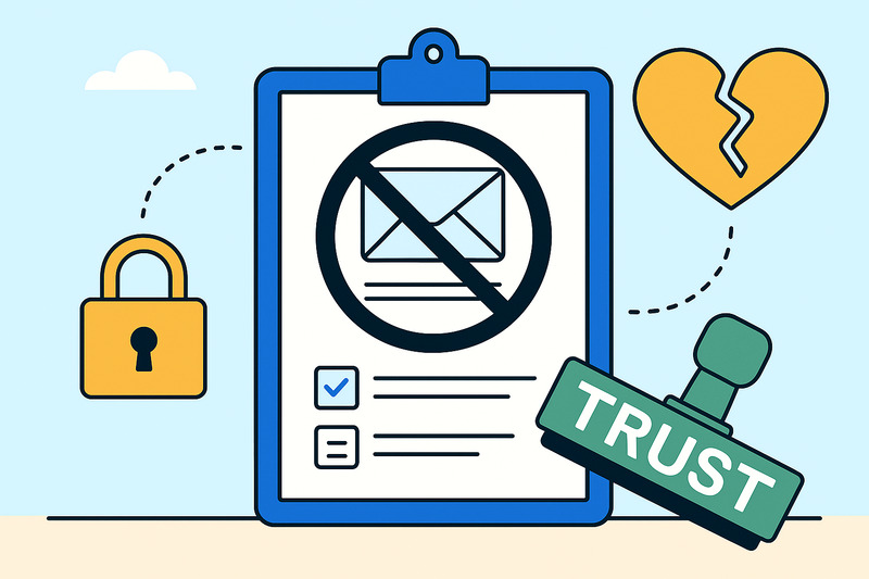 Illustration of a clipboard with a crossed-out envelope, broken heart, padlock, and green "TRUST" stamp, symbolizing email marketing concerns like trust, security, communication, and the importance of maintaining a good unsubscribe rate.