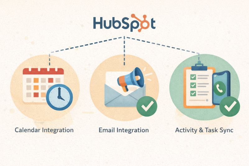 Diagram showing HubSpot connected to calendar integration, email integration, and activity & task sync—highlighting some of the Best HubSpot Integrations, each represented by icons with checkmarks.