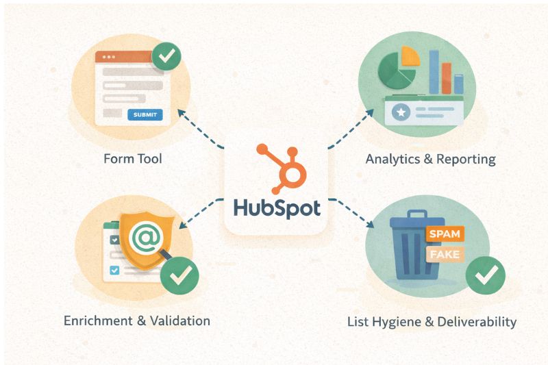 Diagram showing HubSpot at the center, connected to four tools: Form Tool, Analytics & Reporting, Enrichment & Validation, and List Hygiene & Deliverability—highlighting the best HubSpot integrations for streamlined marketing.