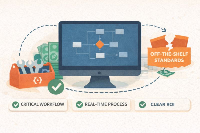 A computer monitor displays a workflow diagram, surrounded by money, a toolbox, and a broken "off-the-shelf standards" sign, highlighting workflow, process, and ROI benefits with the best Hubspot integrations.