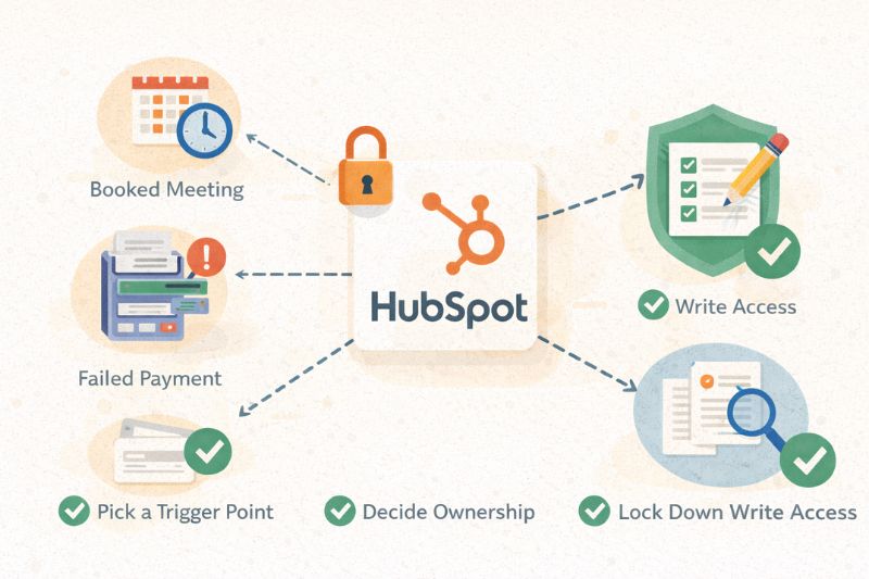 Diagram illustrating HubSpot tools and features: booked meeting, failed payment, pick a trigger point, decide ownership, write access, and lock down write access—each with corresponding icons.