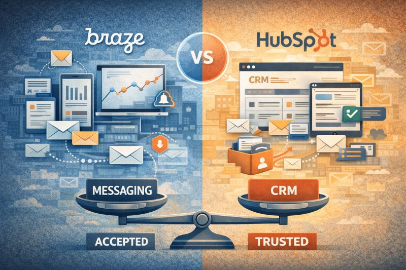 Illustration comparing top marketing platforms: Braze, focused on messaging, and HubSpot for CRM, with a scale balancing "Accepted" and "Trusted.