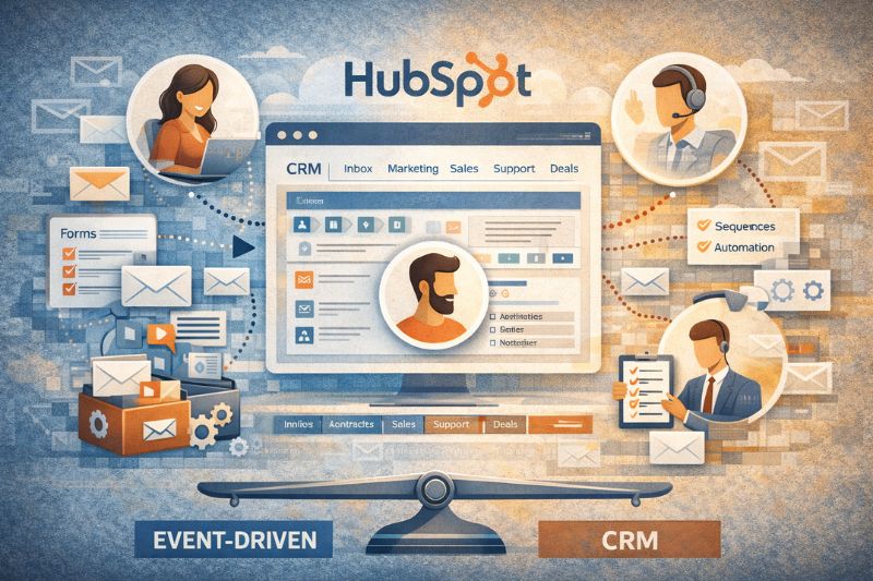 Ilustração da interface do HubSpot CRM com ícones para e-mail, formulários, automação e sequências, destacando os recursos de CRM e orientados a eventos equilibrados em uma escala, mostrando seus recursos entre as principais plataformas de marketing, como a Braze.