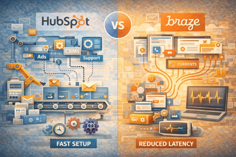 Ilustração mostrando uma comparação de plataformas entre a HubSpot e a Braze; a HubSpot se concentra na configuração rápida, enquanto a Braze se destaca com latência reduzida e opções avançadas de integração.