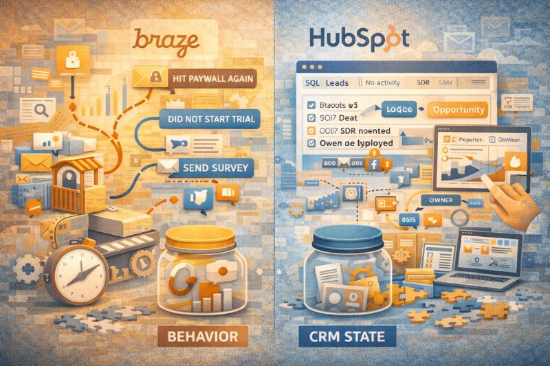 Uma ilustração para uma comparação de plataformas: A Braze é excelente no rastreamento do comportamento do usuário, enquanto a HubSpot se destaca no gerenciamento do estado do CRM - representado com ícones como relógios, pesquisas, computadores e rótulos de oportunidades.