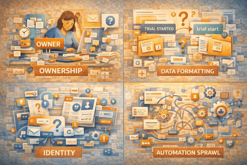 Uma colagem que ilustra conceitos de propriedade, formatação de dados, identidade e expansão da automação - com ícones, documentos e fluxogramas em quatro seções rotuladas - apresenta plataformas de marketing como a HubSpot e a Braze como elementos visuais importantes.
