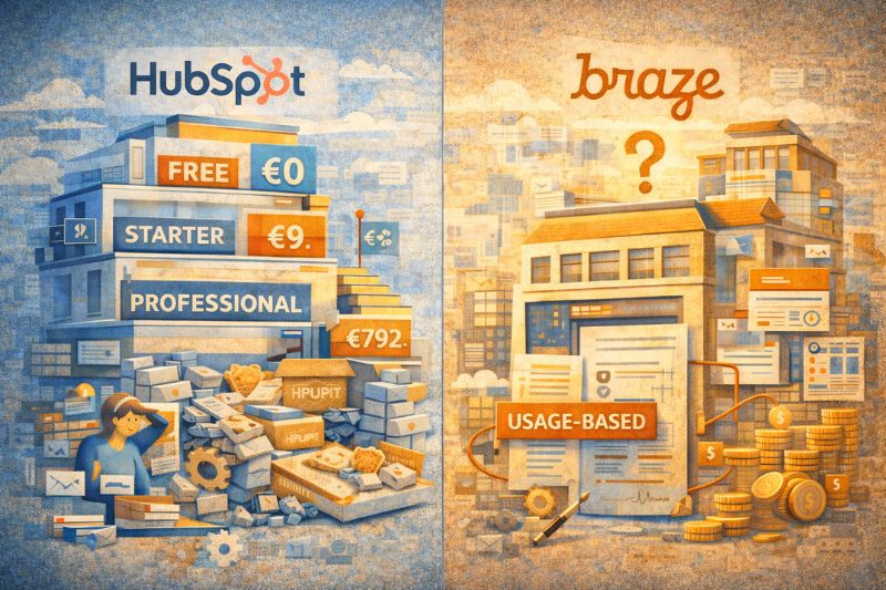 Ilustração comparando os níveis de preços claros da HubSpot (Free, Starter, Professional) com os preços baseados no uso da Braze e um ponto de interrogação, cercado por ícones relacionados a tecnologia e dinheiro - destacando as principais diferenças entre essas plataformas de marketing líderes.