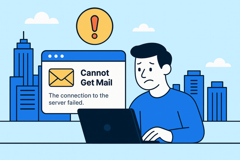 A person sits at a laptop with a worried expression as the screen displays “Cannot Get Mail—Connection to the Server Failed.” Buildings are in the background, capturing the frustration of needing to fix an email error.