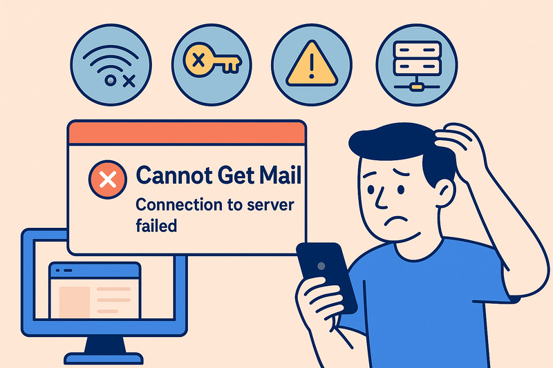 Illustration of a person looking confused at a phone displaying the error message, "Cannot Get Mail. Connection to Server Failed," surrounded by icons for connectivity issues and hints on how to fix them.