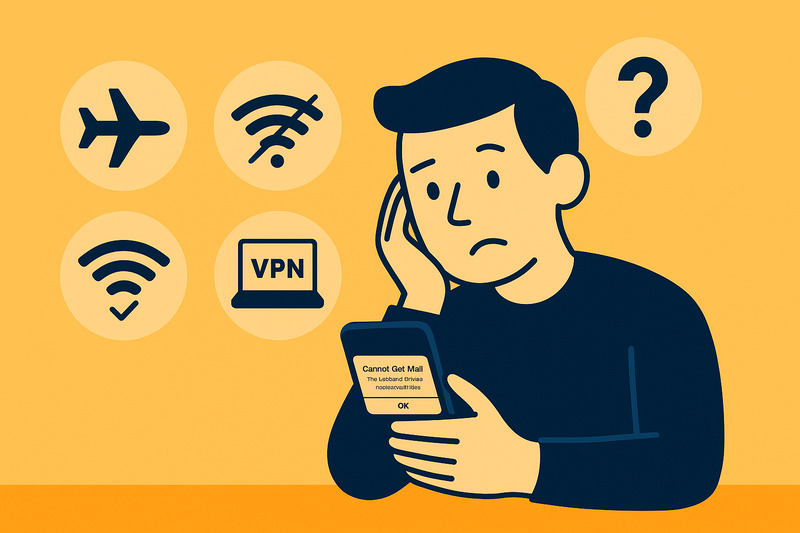 Illustration of a person looking concerned at a phone displaying a "Cannot Get Mail – connection to server failed" error, surrounded by icons for airplane mode, Wi-Fi, VPN, and a question mark as they search for a fix.