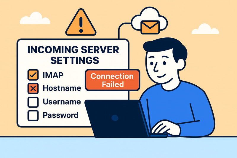 Illustration of a person at a laptop with an incoming server settings checklist, showing a "Hostname" error and "Connection to server failed" or "Cannot Get Mail" messages, highlighting the need to fix email connection issues.