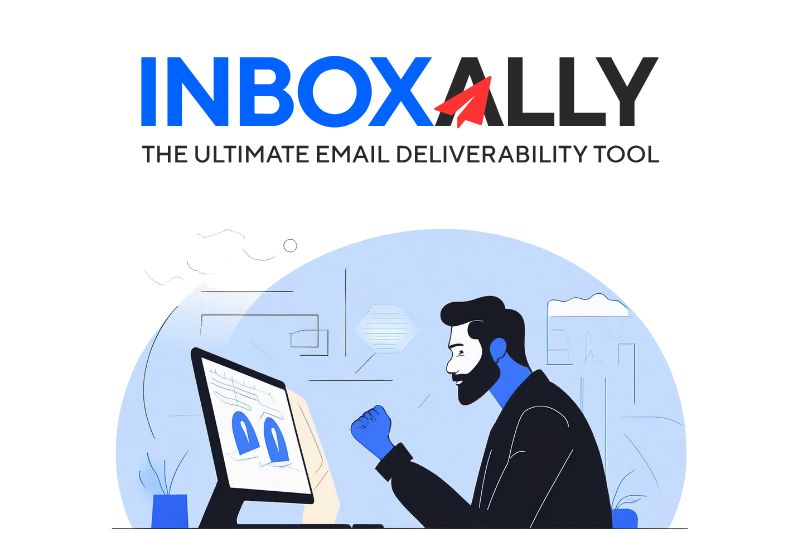 A man sits at a desk looking at a computer screen with email graphics—troubles like "Cannot Get Mail" or "connection to the server failed" are no match for INBOXALLY: The Ultimate Email Deliverability Tool.
