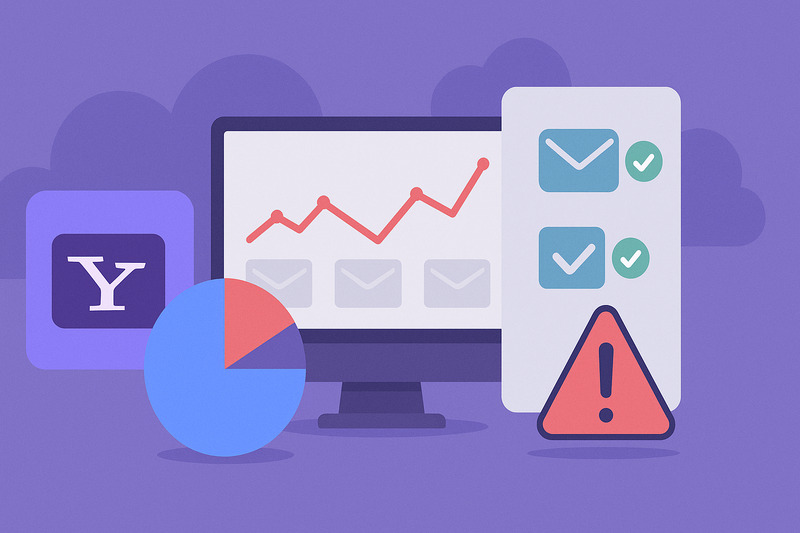 Illustration of a computer screen with a rising graph, a pie chart, checklists, the Yahoo logo, and a warning icon on a purple background—highlighting Email Deliverability key updates for News December 2025.