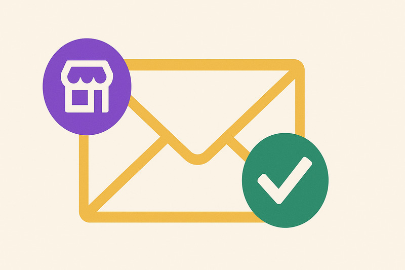 An envelope icon with a purple store symbol and a green checkmark, highlighting key updates for email deliverability, suggests approved or verified business mail.