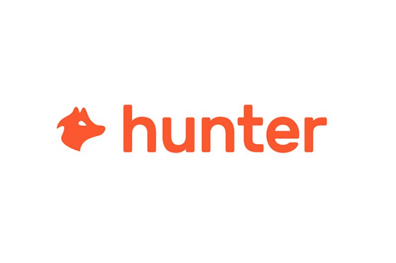 The image shows an orange fox head icon to the left of the word "hunter" in bold orange lowercase letters, representing a platform known for powerful outbound email tools and email scrapers, all set against a clean white background.