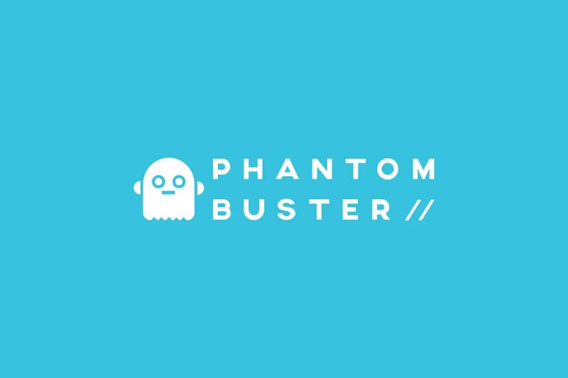 Phantombuster logo on a blue background, featuring a simple white ghost icon to the left of the text "PHANTOM BUSTER //", representing tools for streamlined email workflows.