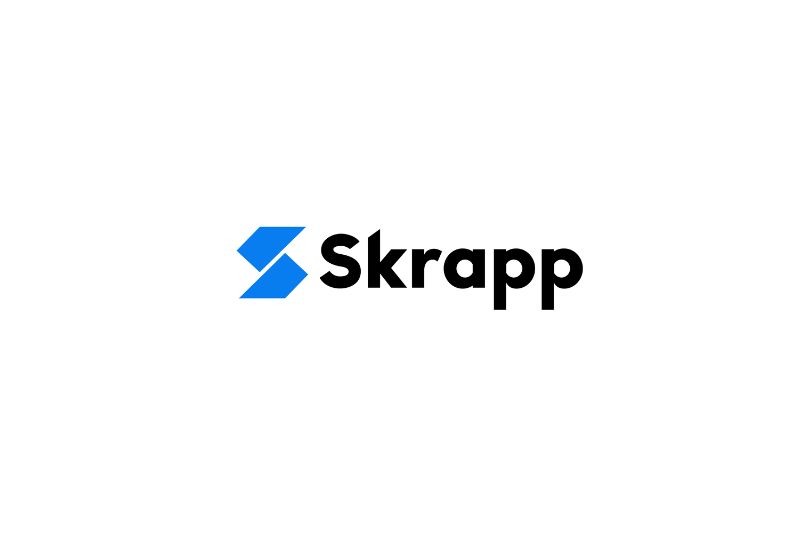 The Skrapp logo features a blue geometric shape to the left of the word "Skrapp" in bold black letters on a white background, representing streamlined outbound email and email scrapers efficiency.