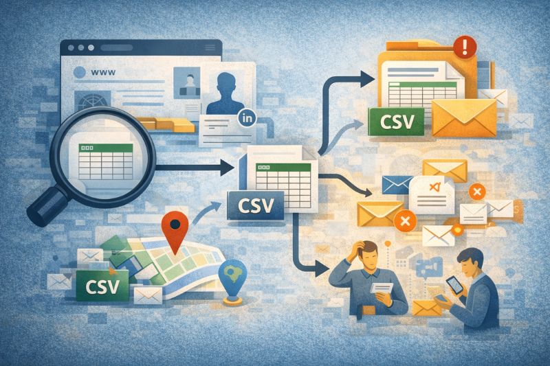 Illustration showing CSV files being collected, analyzed, sent via outbound email workflows, and discussed by two people, depicting data processing and communication.