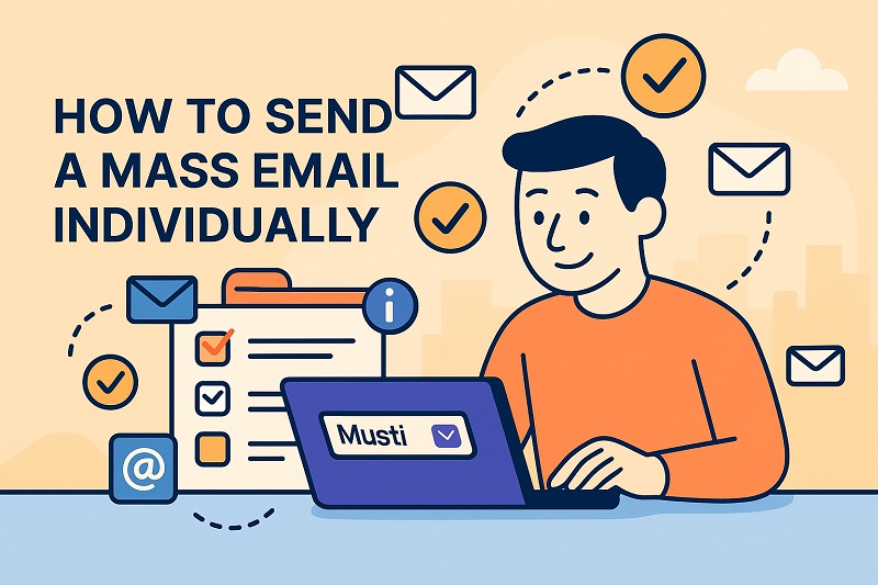 Illustration of a person using a laptop with icons of emails and checkmarks, plus the text "How to Send a Mass Email Individually"—perfect for guides on how to send mass emails efficiently yet personally.