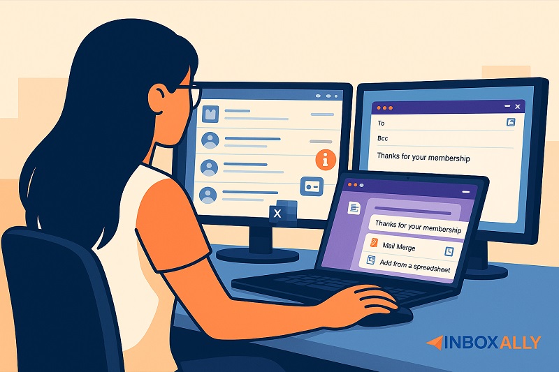 Una mujer se sienta en un escritorio con un portátil y dos monitores, gestionando correos electrónicos y mensajes. Utiliza InboxAlly para enviar correos masivos de forma eficiente. El logotipo de InboxAlly aparece en la esquina inferior derecha.