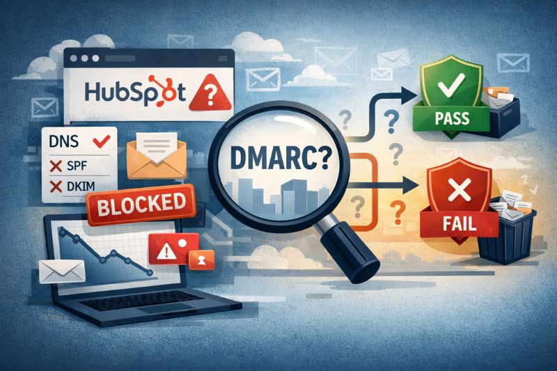 Illustration showing HubSpot DMARC email security checks, with blocked and failed emails on one side and passed emails on the other, featuring a laptop, magnifying glass, and security icons to clarify DMARC confusion.