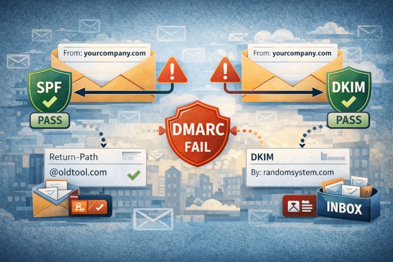 Diagrama mostrando SPF e DKIM passando para dois e-mails, mas o DMARC falha, causando um aviso. Os identificadores Return-Path e DKIM são diferentes, levando à confusão do DMARC e afetando a segurança de e-mail da HubSpot e a entrega da caixa de entrada.