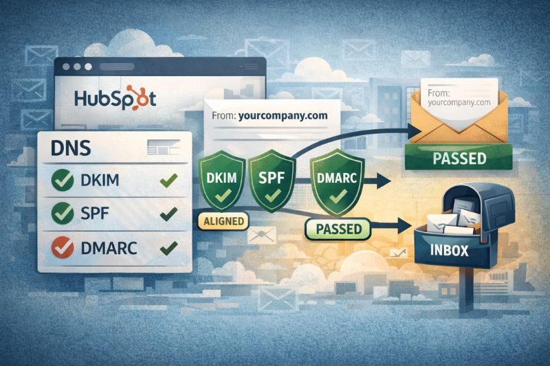 Diagrama mostrando o processo de autenticação de e-mail da HubSpot com registros DNS DKIM, SPF e DMARC, levando à entrega bem-sucedida de e-mails em uma caixa de entrada.
