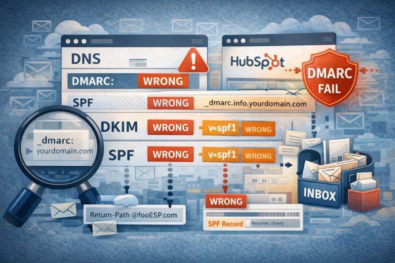 Diagrama mostrando verificações de DMARC, SPF e DKIM com falha, incluindo problemas de autenticação de e-mail da HubSpot, ilustrando vulnerabilidades de falsificação de e-mail e riscos de segurança da caixa de entrada.