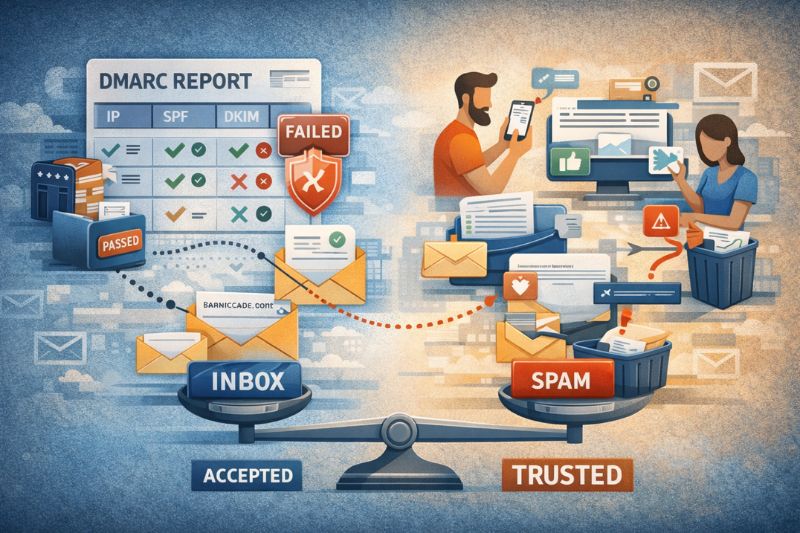 Ilustração da segurança de e-mail: Um relatório DMARC verifica os e-mails recebidos, classificando-os como aprovados ou reprovados - abordando a confusão comum do DMARC na segurança de e-mail da HubSpot - e, em seguida, envia as mensagens aceitas para a caixa de entrada e as reprovadas para o spam, mostradas em uma escala de equilíbrio.