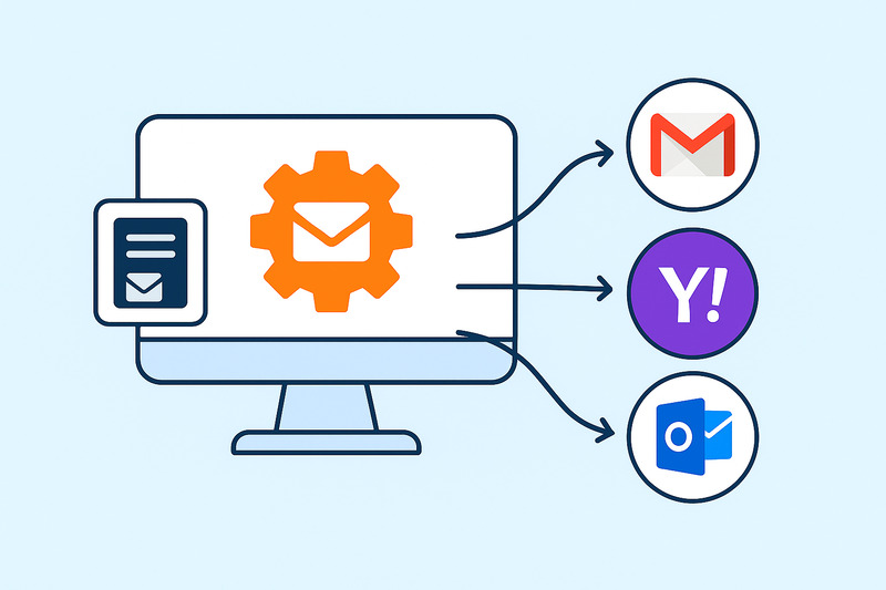 Illustration of a computer screen with an email automation icon, highlighting arrows sending emails to Gmail, Yahoo Mail, and Outlook logos—perfect for showcasing HubSpot Email Deliverability and improved Email Performance.