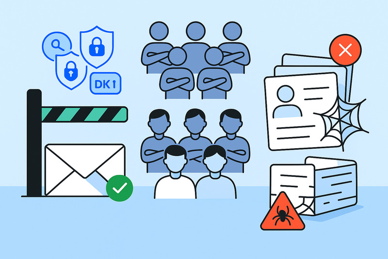 Ilustración que muestra iconos de seguridad del correo electrónico de HubSpot, grupos de personas y carpetas de documentos con símbolos que representan la privacidad, la aprobación y las amenazas a la ciberseguridad para destacar la capacidad de entrega del correo electrónico de HubSpot y el rendimiento general del correo electrónico.