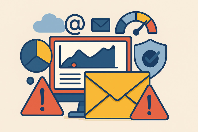 Ilustración de una pantalla de ordenador con gráficos, diagramas circulares, sobres, señales de advertencia, un escudo y un símbolo de correo electrónico, que representan el análisis de datos de marketing por correo electrónico, la seguridad, las perspectivas de HubSpot Email Deliverability y las alertas.