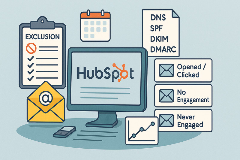 Ilustración de un ordenador que muestra el logotipo de HubSpot, rodeado de iconos de marketing por correo electrónico, análisis y una lista de comprobación que destaca la capacidad de entrega de correo electrónico de HubSpot y los estados de compromiso para mostrar un buen rendimiento del correo electrónico.