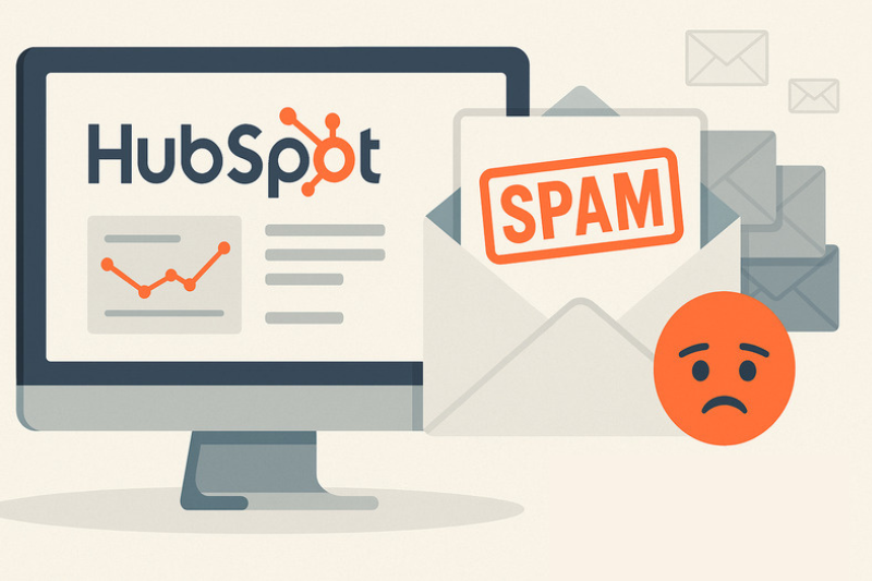 Una pantalla de ordenador muestra el logotipo de HubSpot, mientras que un sobre con la etiqueta