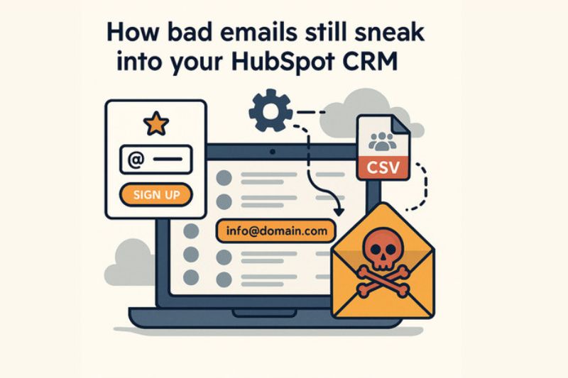Illustration of a laptop with email icons, a CSV file, and a warning envelope, highlighting how Email Validation Fails can let bad emails enter HubSpot CRM.