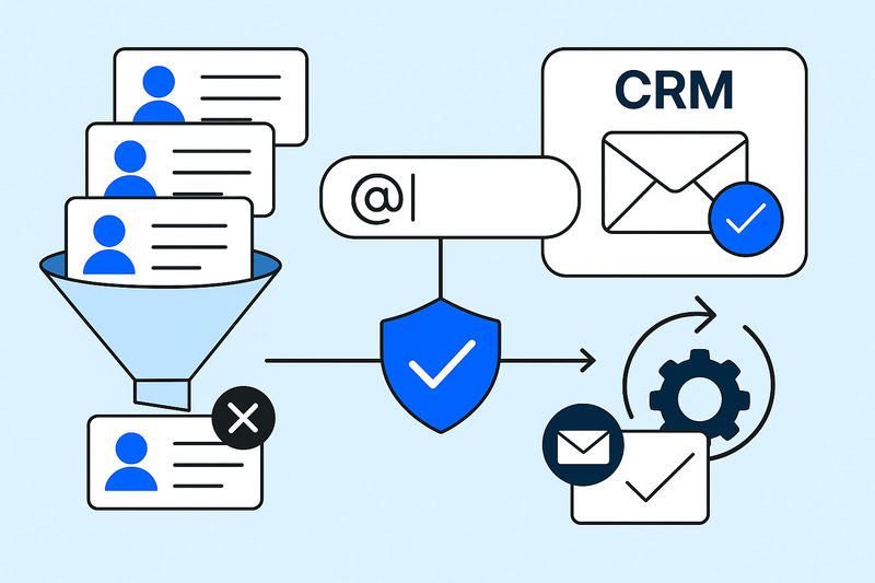 Diagram showing contacts filtered into a CRM system, with email, shield, and gear icons representing data input, security, workflow automation—and highlighting Fix Email Validation for improved data accuracy.