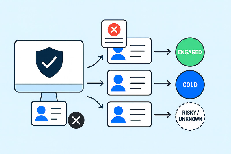 Diagram showing computer sorting user profiles—highlighting Email Validation Failure—into engaged, cold, and risky/unknown categories, with icons representing approval and rejection, as seen in HubSpot Email Validation processes.