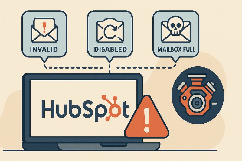A laptop screen displays the HubSpot logo with an alert symbol, connected to icons labeled "Invalid," "Disabled," and "Mailbox Full," illustrating common hard bounce reasons that affect email deliverability in HubSpot.