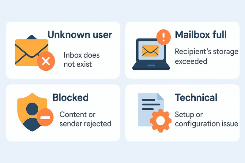Infográfico destacando quatro motivos comuns de rejeição de e-mail - usuário desconhecido, caixa de correio cheia, remetente bloqueado e problemas de configuração técnica - ideal para solução de problemas de e-mail da HubSpot e compreensão das possíveis causas de uma rejeição grave da HubSpot.