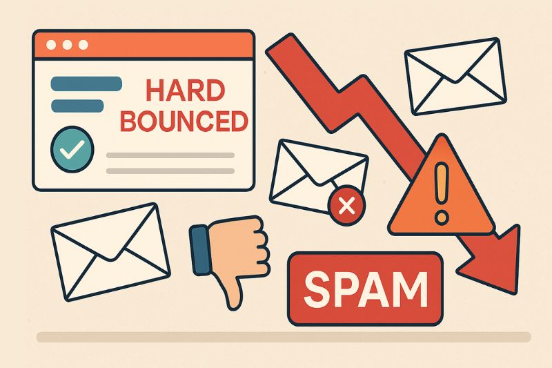 Ilustração mostrando um gráfico de declínio, rótulo de spam, motivos de hard bounce da HubSpot, envelopes, ícone de aviso e polegar para baixo, representando problemas de capacidade de entrega de e-mail e problemas de hard bounce.